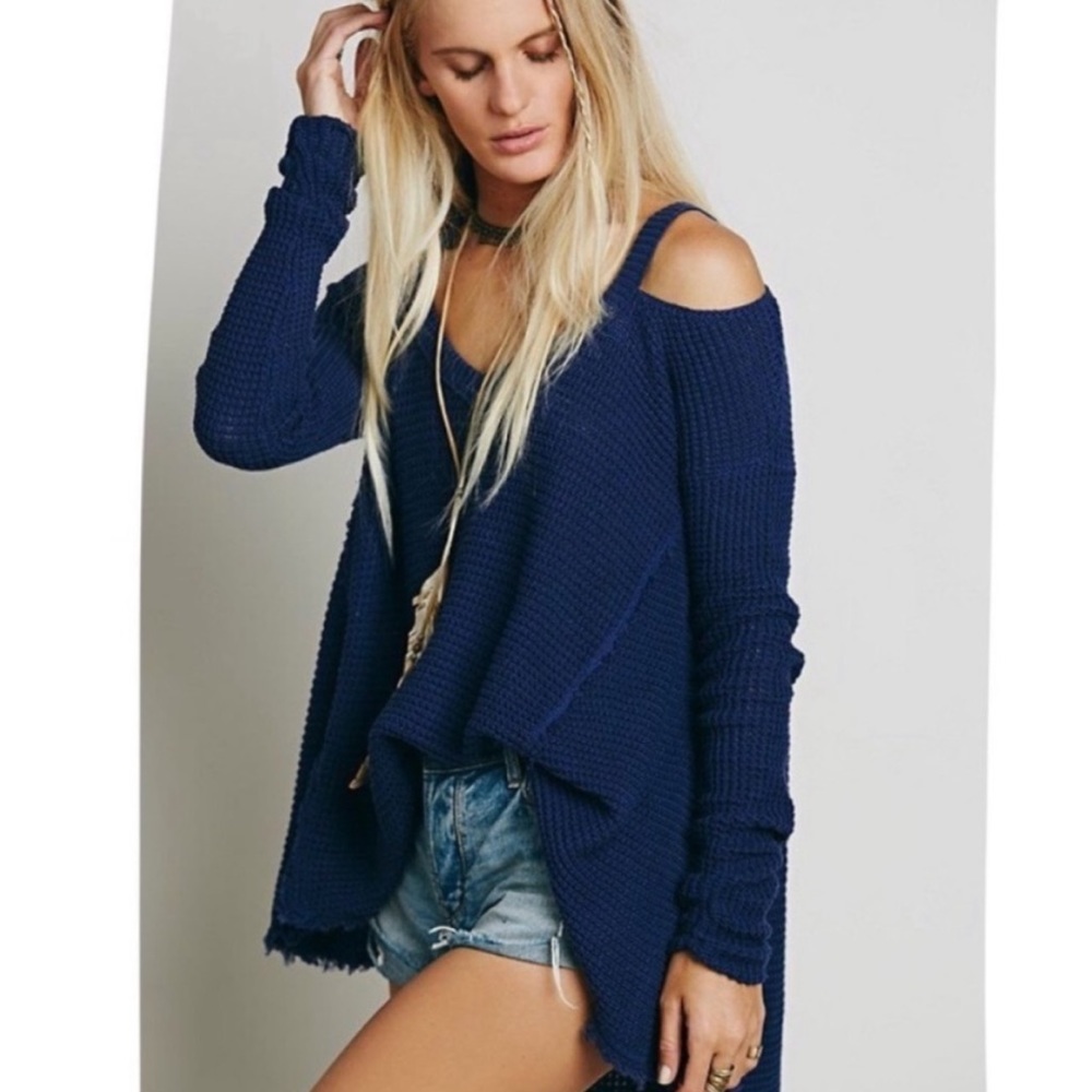 Free People Navy Cold-Shoulder Scoop Neck Sweater Sz M